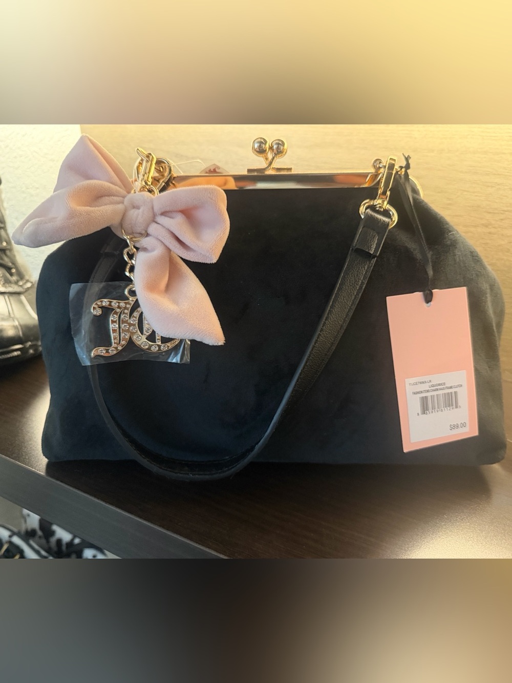 Juicy Couture Black Velvet Satchel with Pink Bow and Gold Hardware - Picture 3 of 3